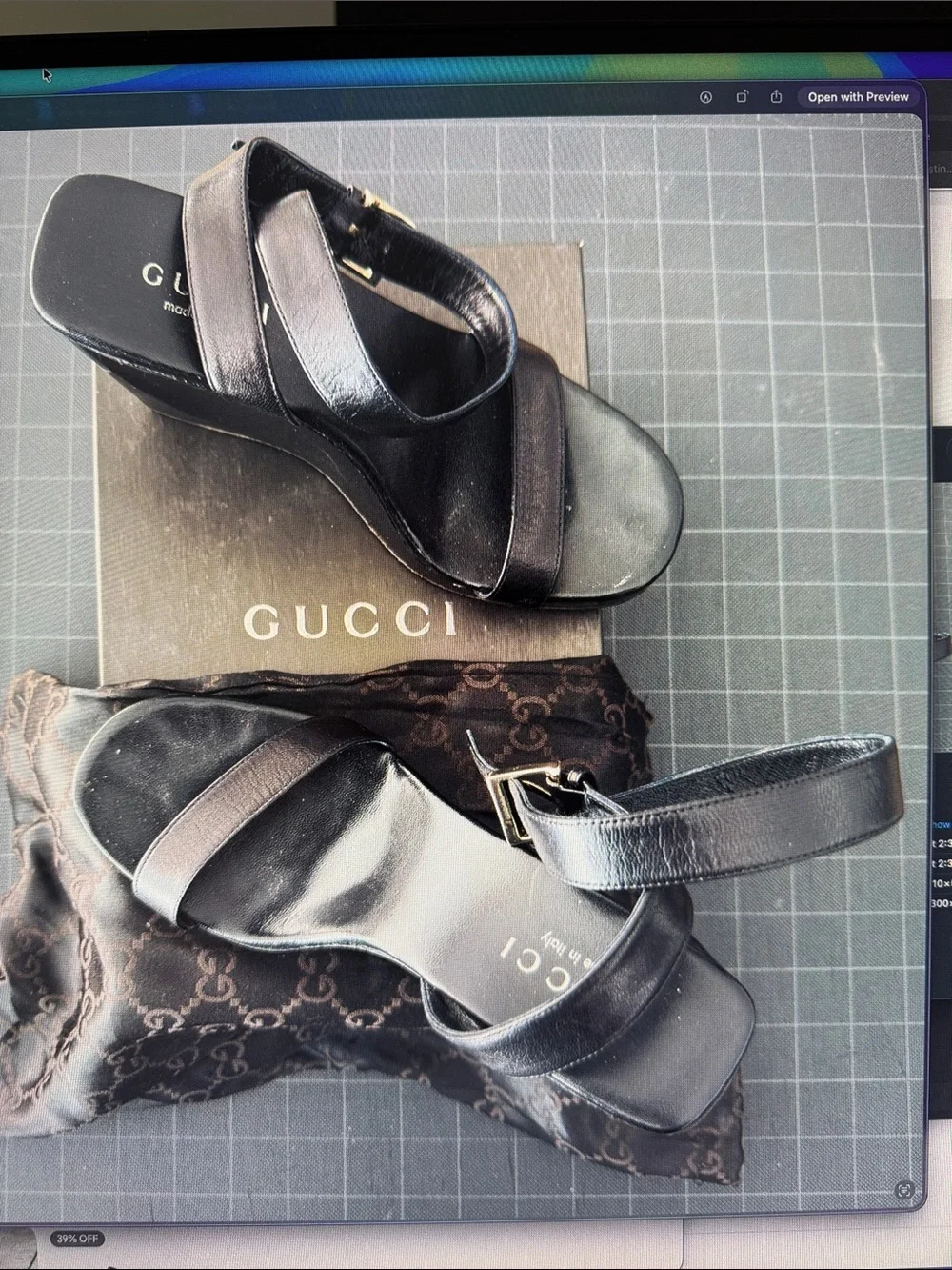 Gucci Black Leather Wedge Sandals with Ankle Strap